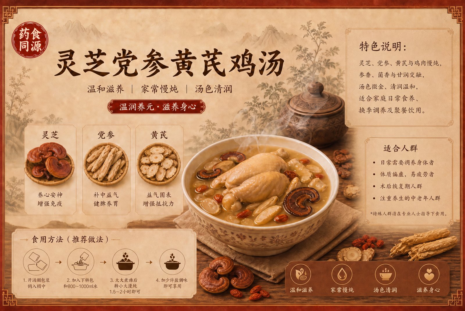 灵芝党参黄芪鸡汤食养与做法图解